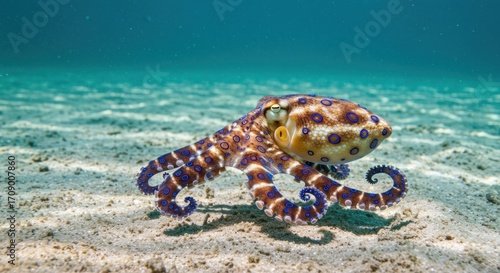 Colorful octopus on sandy sea floor
