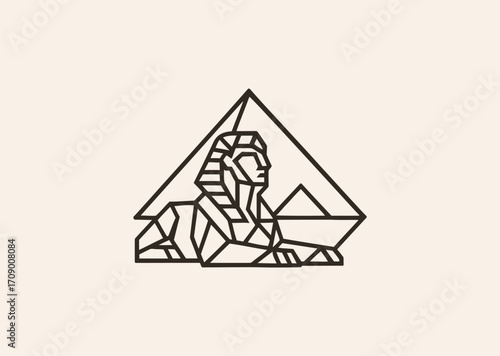 A geometric line art logo of a Sphinx with pyramid, symbolizing wisdom, mystery, and ancient Egypt