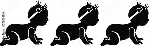 Crawling baby silhouette, black infant icon, headband bow design, toddler clipart, cute baby vector, nursery art, childhood graphic