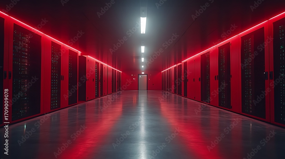 Fototapeta premium Futuristic Data Center Corridor with Red Lighting with Server Racks and a Distant Door.