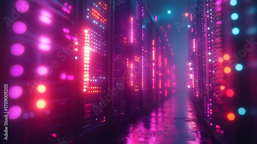 Futuristic Data Center Servers Lit Up with Pink and Purple Lights  Cyber Space.
