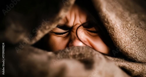 Mid-sneeze under blanket, cozy awkwardness