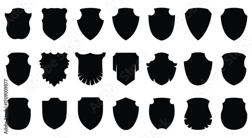 Hand drawn vector set of security shields and badges with medieval emblem designs