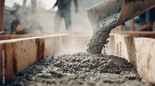 Wallpaper Mural A close-up view of concrete being poured from a wheelbarrow into a wooden frame, creating a cloud of dust and showcasing a construction site environment. Torontodigital.ca