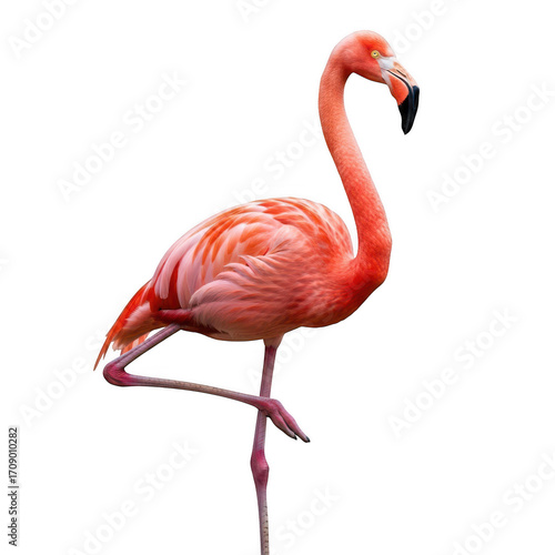 Elegant pink flamingo standing on one leg with graceful neck curve isolated on transparent background