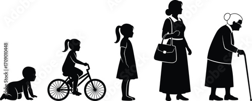 Human life stages, aging process, female silhouette, childhood to elderly, growth journey, generational evolution, timeline concept, age progression, woman development, cycle of life