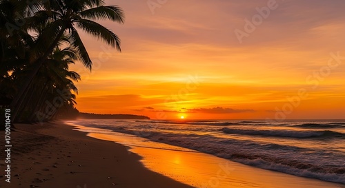 Golden Sunset Beach Scene with Palm Trees.
