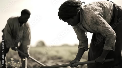 Monochrome Image of Two People Working in a Field with Vintage Filters
