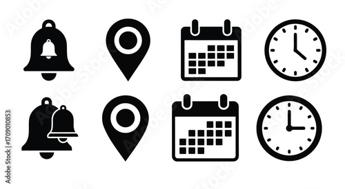Collection of four black and white icons for notification bell location calendar and clock