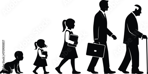 Human life stages, aging process, childhood to old age, silhouette illustration, generational growth, timeline concept, people evolution, educational design