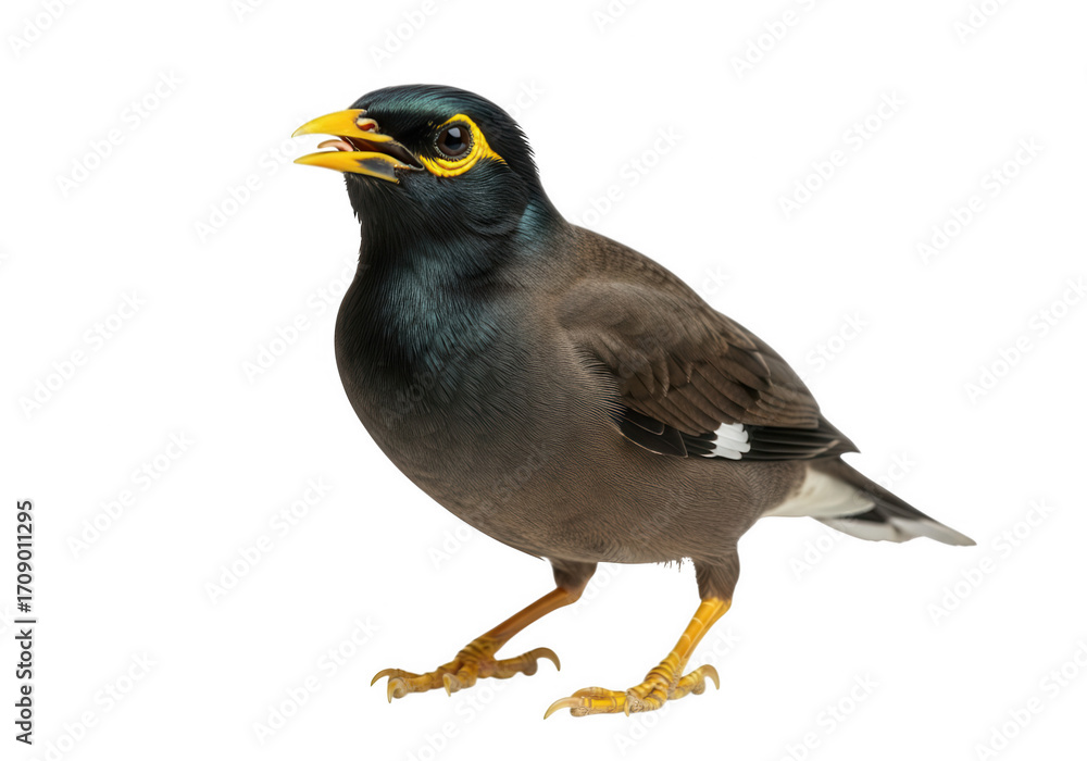Obraz premium Common myna bird with yellow beak and eye patches isolated on transparent background