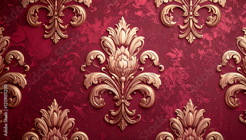Opulent gold embossed floral damask pattern on a rich red textured background, showcasing classic European elegance and luxury