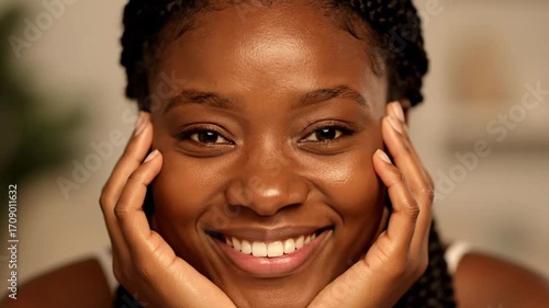 A close up of a smiling dark skinned woman with her hands on her face and braided hair style