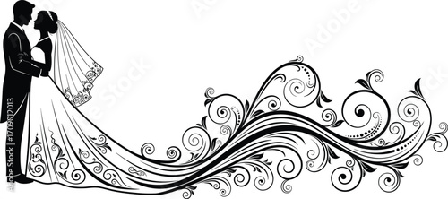 Elegant wedding couple silhouette with ornate floral swirl dress design, perfect for invitations, cards, bridal decor, romantic celebrations, vector art.