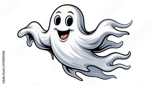 Playful happy ghost floating ready for Halloween season celebration event
