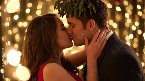 A smiling woman in a red dress touches the face of a man under mistletoe with bokeh lights