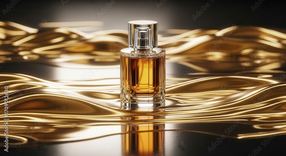 Naklejka premium Perfume bottle on silky golden fabric background
