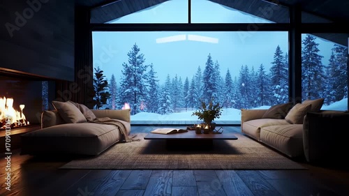 Cozy Winter Cabin Interior with Fireplace and Snowy Forest View