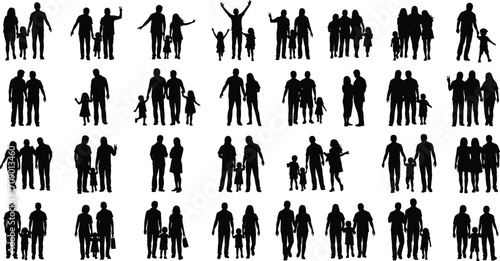 Family silhouettes walking together, parents with children, group people figures, happy family illustration, unity, love, parenting, lifestyle, relationship, togetherness