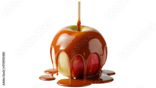 Delicious caramel apple dripping with sweet caramel sauce on a wooden stick