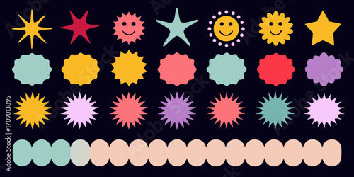 Collection of colorful abstract shapes and smiling sun icons on a dark background