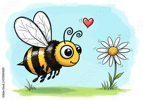 Vector art of cute cartoon bee flying towards a daisy with a heart above, on a blue sky background with green grass