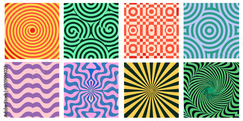 Collection of eight vibrant abstract geometric patterns with retro psychedelic and optical illusion designs