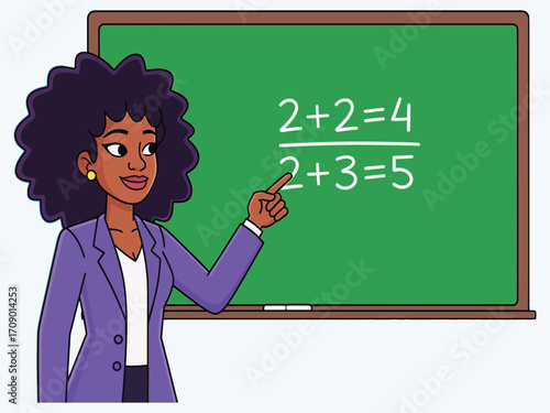 Teacher pointing at math equations on a chalkboard.