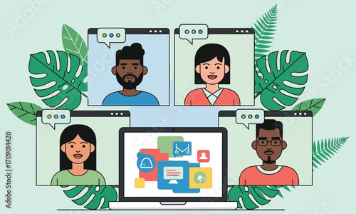 Diverse Team in Video Call with Laptop and Tropical Plants.