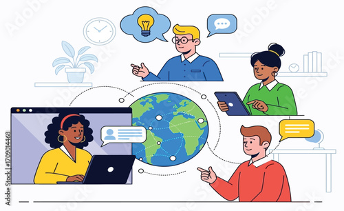 Diverse Group Collaborating Online with Earth Globe Connection.