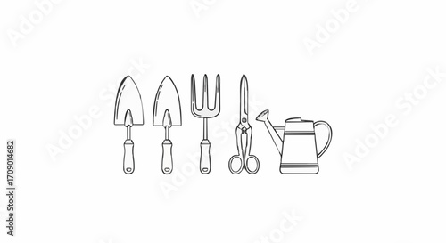 flat vector illustrations Line art of essential gardening tools for tending and maintaining plant life. The array includes a trowel, shovel, hand fork, pruners, and watering can