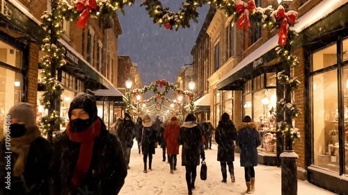 People walking on a snow covered street decorated for christmas with garlands and red bows above