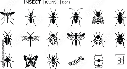 Insect icons collection, black silhouette bugs, mosquito, ant, beetle, bee, dragonfly, butterfly, spider, caterpillar, honeycomb, vector symbols