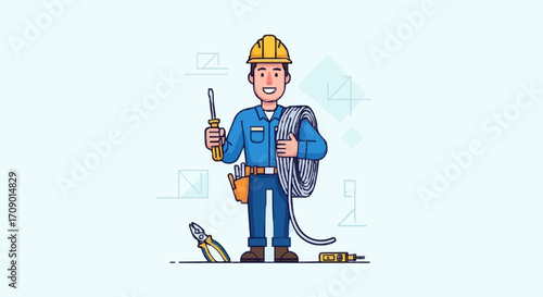 flat vector illustrations An electrician proudly holding his tools. The worker is smiling and wearing a hard hat and work uniform