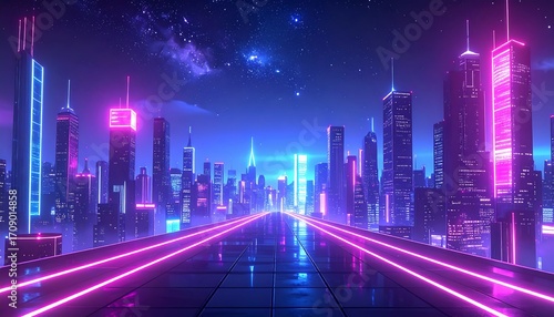 A futuristic city skyline at night with neon lights, resembling a digital world with tall illuminated skyscrapers under a starry sky