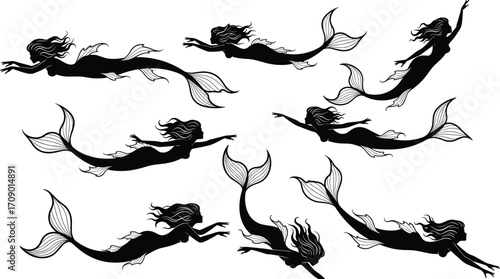 Mermaid silhouettes collection, fantasy sea creature design, mythical underwater figure illustration, ocean fairytale character art, aquatic mythology, magical marine woman drawing