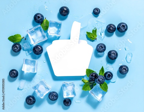 Blueberries, ice, and mint on a light blue background