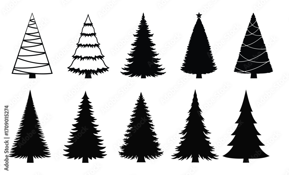Obraz premium Collection of Ten Stylized Christmas Tree Silhouettes in Black and White Keywords: Christmas tree, silhouette, icon