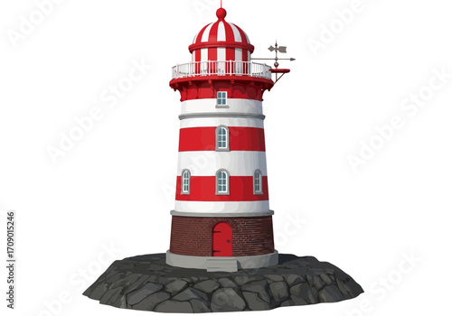 Vector art of a red and white striped lighthouse on a rocky island