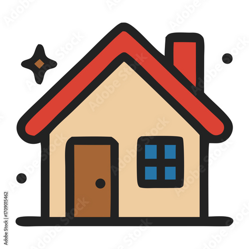 Authentic craftsmanship in beige home with red roof and chimney. Suitable for real estate, architecture, construction, and home renovation concepts.
