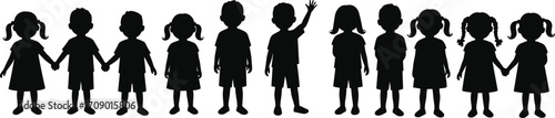 Silhouette children holding hands, group of kids standing together, happy childhood concept, unity illustration, black vector design, friendship, teamwork, diversity
