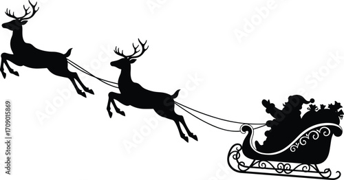 Santa Claus flying in sleigh with reindeer silhouette, Christmas vector art, holiday scene, winter magic, festive season design, gift delivery