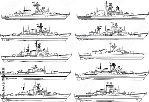 Collection of detailed black and white line drawings of various historical naval warships and battleships