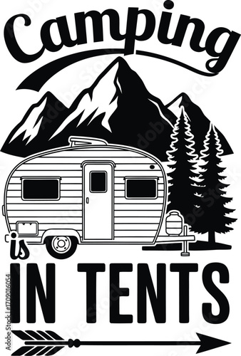 Vintage style camping scene with mountains trees and camper trailer and arrow