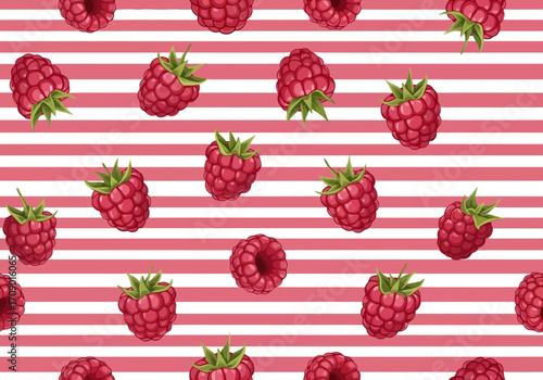 Vector art of a seamless pattern of fresh raspberries scattered on a pink and white striped background