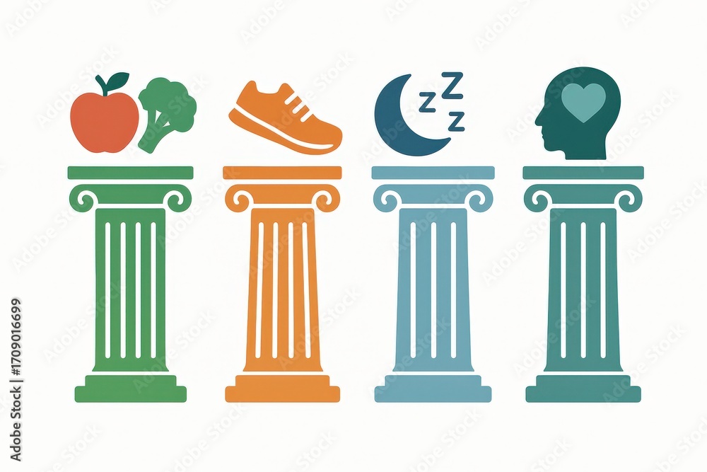 Obraz premium The Four Pillars of Wellbeing Representing Nutrition Exercise Sleep and Mental Health Illustrated in a Minimalist Design Demonstrating Key Components for Holistic Wellness