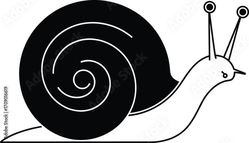 Simple snail silhouette illustration for kids, black and white animal drawing, cartoon snail clipart, educational nature art, vector design graphic.
