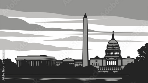 Washington dc skyline in black and white for design projects. Suitable for travel brochures, city guides, and editorial publications.