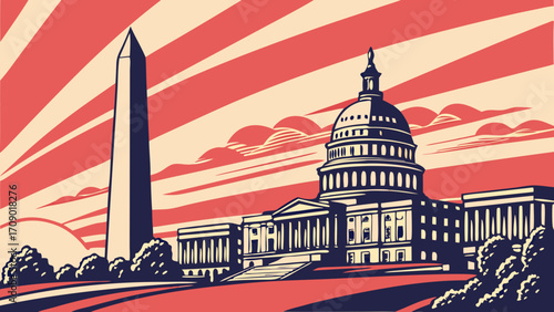 Washington dc skyline with us capitol and monuments, great for travel blogs, social media posts, presentation slides, and marketing materials.