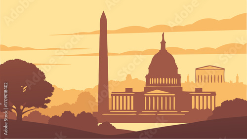 Washington dc skyline and monuments in silhouette make an iconic view for travel ads, patriotic designs, and historical presentations.